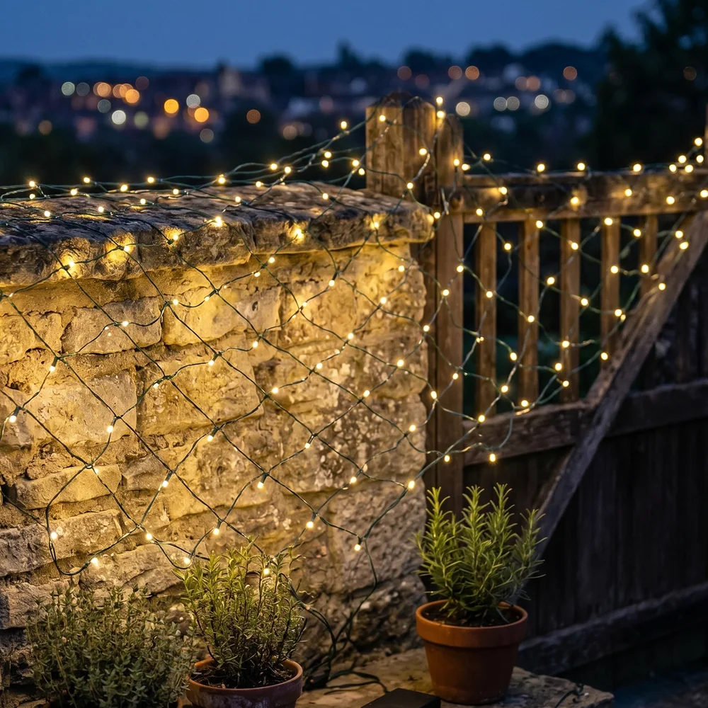Realistic holiday net lights close-up showing LED nodes fixed to mesh wire intersections