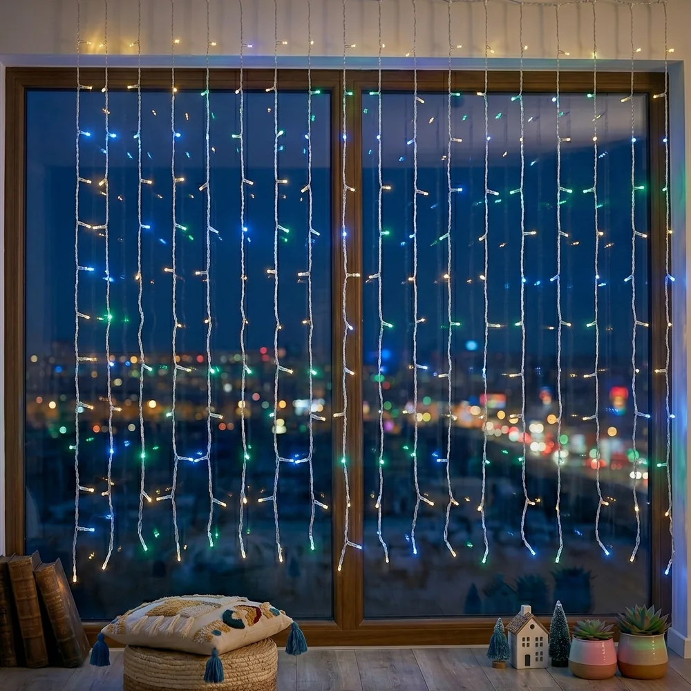 Curtain waterfall light product close-up with top header cable and vertical LED drops