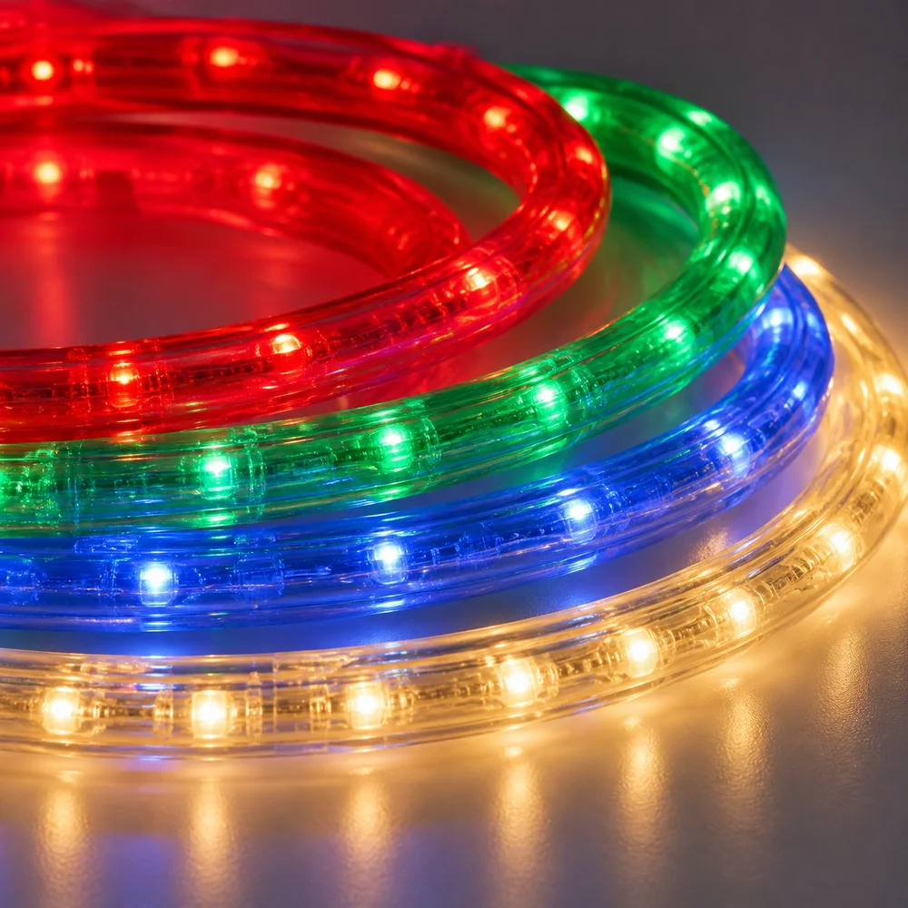 Commercial rope light close-up with colorful LEDs