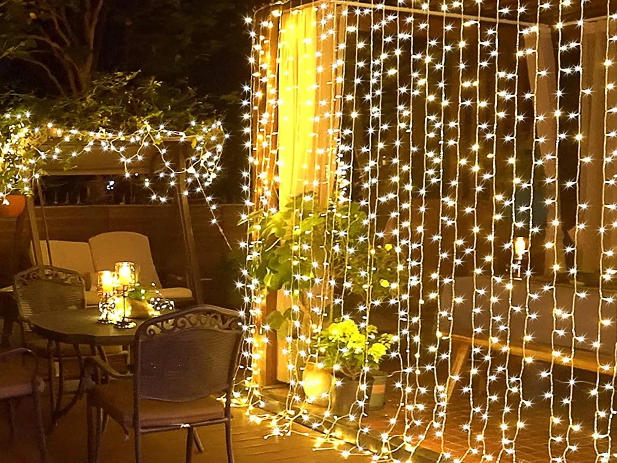 Curtain waterfall lights in an outdoor project display